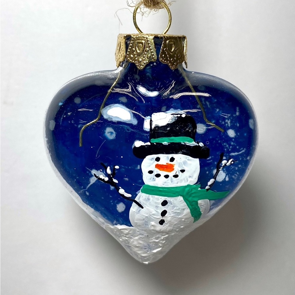 ORIGINAL Hand Painted 3D Snowman Scene on Puffed Glass Heart Christmas Ornament